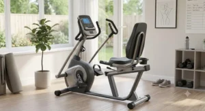 Compact recumbent bike with arm exercisers set up in a modern American home fitness area.