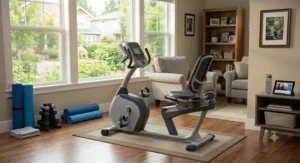 Compact recumbent exercise bike for seniors set up in an apartment home workout space