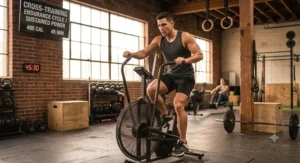 Cross-training athlete building stamina and cardiovascular power during a sustained air bike workout