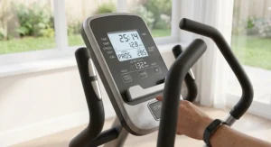 Digital LCD screen tracking calories, time, and distance on a recumbent bike with arm exercisers.