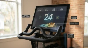 Close up of an exercise bike monitor displaying precise digital resistance levels adjusted via magnetic control.