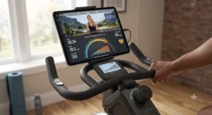 A tablet mounted on an indoor bike displaying fitness tracking app metrics synced with 16 level magnetic resistance data.