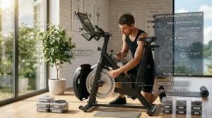 Illustration of a compact and foldable magnetic exercise bike tucked neatly into a small bedroom corner.