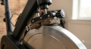 Close up of leather or felt friction pads applying direct pressure to the flywheel of an indoor exercise bike.