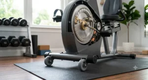 Built-in front transport wheels for easily moving and storing a magnetic recumbent exercise bike.