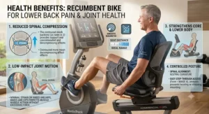 Infographic summarizing the primary benefits of using a recumbent exercise bike for lower back pain and joint health