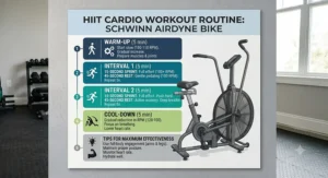 Infographic detailing a high-intensity interval training HIIT workout routine using a Schwinn Airdyne bike.