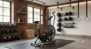 Modern home gym space featuring a commercial-grade fan bike configured for daily air bike workouts