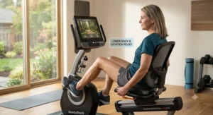 Woman working out at home on a smooth magnetic resistance recumbent bike for lower back pain management