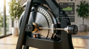 Diagram illustration showing the internal flywheel and magnetic resistance mechanism of a stationary exercise bike.