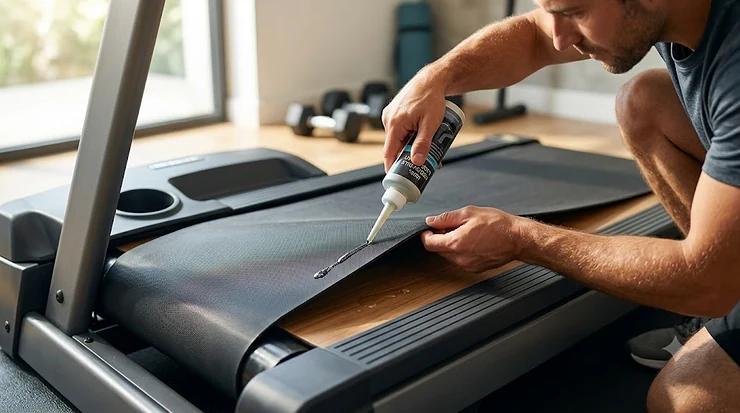 A person lifting the side of a treadmill running belt to apply 100% silicone lubricant from a squeeze bottle. how to lubricate treadmill belt