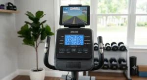 Digital LCD display console tracking speed, distance, time, and calories burned on a magnetic recumbent bike.