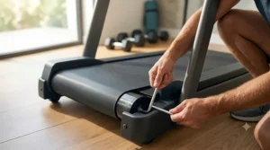 An Allen key turning a rear roller adjustment bolt counter-clockwise to loosen the tension on a treadmill walking belt.