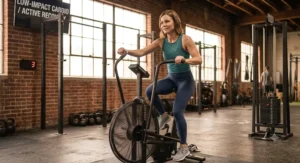 Person completing a joint-friendly low-impact air bike workout for active recovery and heart health