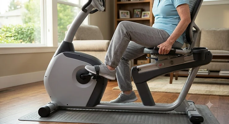 Low step-through design on a recumbent exercise bike for seniors allowing safe and easy mounting