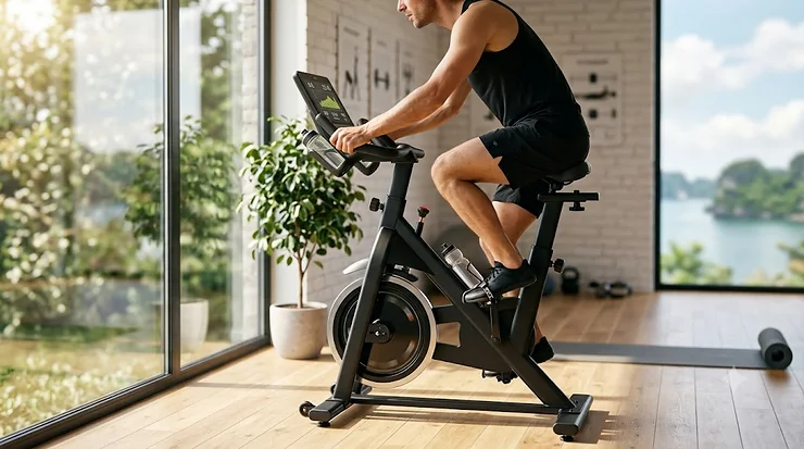 A modern magnetic exercise bike setup in a bright home gym next to a window.