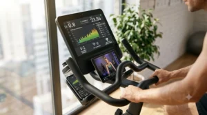 Illustration of an indoor magnetic exercise bike screen displaying live workout metrics and fitness app data.