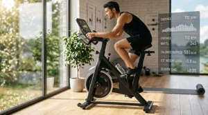 Vector illustration of a cyclist burning calories during an intense cardio workout on a magnetic stationary bike.