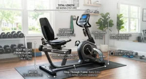 Diagram showing the physical dimensions and heavy-duty user weight capacity of a magnetic recumbent bike.