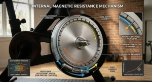 Diagram showing the internal magnetic resistance mechanism with magnets moving closer to the flywheel on a stationary bike.
