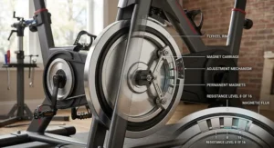 Close-up illustration of the internal magnetic resistance flywheel mechanism showing how magnets adjust tension levels.