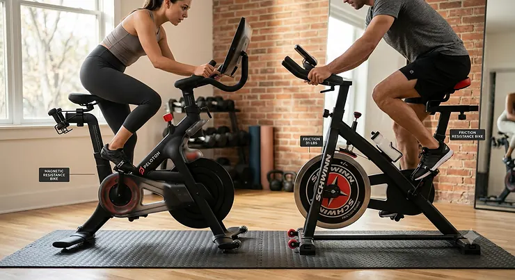 A side by side comparison of a magnetic resistance exercise bike and a friction resistance indoor cycling bike. magnetic vs friction resistance bike