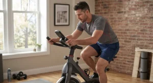 An American man riding a stationary bike with 16 level magnetic resistance inside a bright home gym setup.
