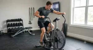 An athlete performing a high-intensity cardio workout on a Schwinn Airdyne bike.