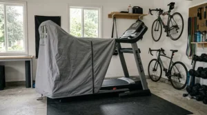 A full-size heavy-duty treadmill dust cover protecting a large, non-folding commercial running machine.