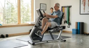 Senior exerciser riding a low-impact recumbent bike with comfortable back support for physical therapy.