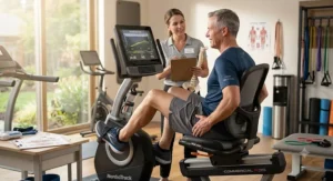 Patient performing low-impact lumbar rehabilitation exercises on a recumbent exercise bike