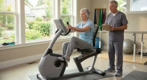 Older adult using a recumbent exercise bike for seniors during low-impact physical therapy rehab