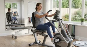 Adult performing joint-friendly rehabilitation exercises on a recumbent bike with arm exercisers.