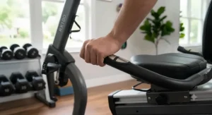 Integrated pulse heart rate sensors built into the side handlebars of a magnetic recumbent bike.