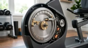Illustration showing the smooth and silent magnetic resistance mechanism inside a recumbent bike flywheel.