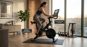 A person quietly riding a magnetic resistance spin bike in a modern apartment home gym setup.