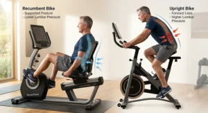 Diagram comparing spinal alignment and lower back pressure on a recumbent exercise bike versus an upright bike