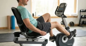 Illustration of the reclined seating position and backrest support on a recumbent stationary bike.