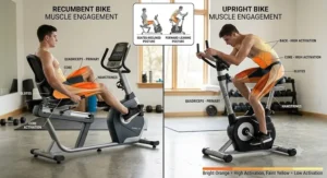 Muscle activation diagram comparing leg, core, and glute engagement on recumbent vs upright bikes.
