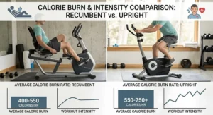 Chart comparing calorie burn rate and workout intensity between recumbent and upright bikes.