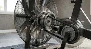 Detailed illustration of the belt-driven steel fan blade mechanism on a Rogue Echo Bike.