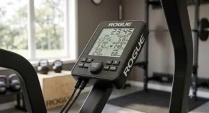 Close-up of the digital tracking console on a Rogue Echo Bike showing workout metrics.