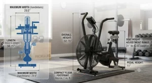 Illustration showing the exact dimensions and compact floor footprint of the Rogue Echo Bike.
