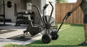 Rogue Echo Bike equipped with the optional turf wheels and handle kit for easy transport.