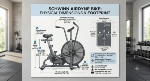Graphic diagram showcasing the physical dimensions and floor footprint space requirements of a Schwinn Airdyne bike.