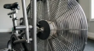 Detailed illustration of the signature air resistance fan flywheel on a Schwinn Airdyne bike.