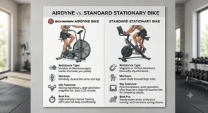 Comparison chart illustrating the differences between a Schwinn Airdyne bike and a standard stationary exercise bike.