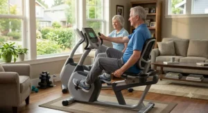 Active senior couple exercising together at home on indoor recumbent exercise bikes for seniors