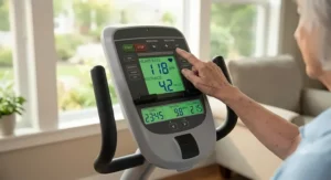 Large easy-to-read LCD console display on a recumbent exercise bike for seniors tracking heart rate and distance