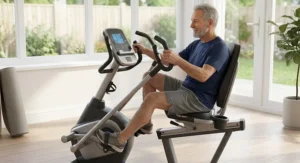 Senior man comfortably working out on a low-impact recumbent bike with arm exercisers at home.